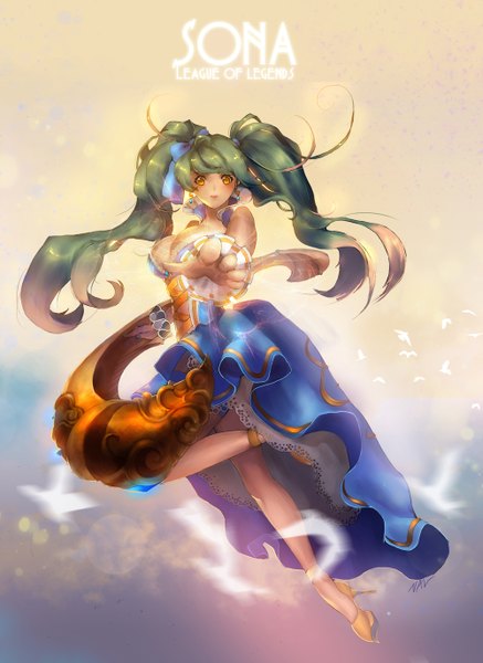 Anime picture 1000x1373 with league of legends sona buvelle nal (artist) single long hair tall image looking at viewer breasts twintails yellow eyes aqua hair legs girl dress bow hair bow