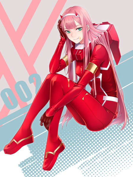 Anime picture 1500x2000 with darling in the franxx studio trigger zero two (darling in the franxx) chimachi single long hair tall image looking at viewer blush fringe smile sitting pink hair full body blunt bangs horn (horns) aqua eyes character names hand on head :q