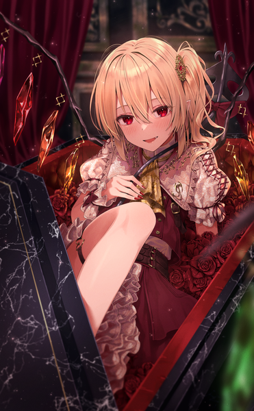 Anime picture 1611x2604 with touhou flandre scarlet greenkohgen single tall image looking at viewer fringe short hair open mouth blonde hair hair between eyes red eyes nail polish :d puffy sleeves one side up red nail polish girl weapon wings