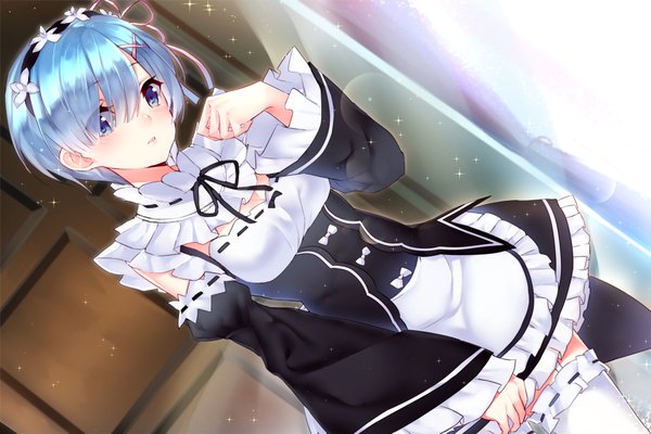 Anime picture 1920x1280 with re:zero kara hajimeru isekai seikatsu white fox rem (re:zero) junp single looking at viewer blush highres short hair blue eyes blue hair maid girl thighhighs dress uniform detached sleeves white thighhighs frills headdress