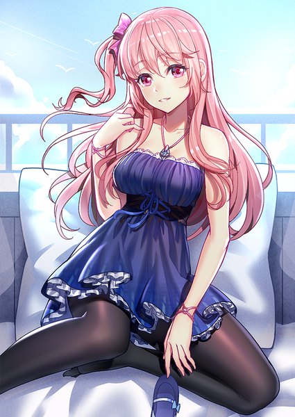 Anime picture 708x1000 with original emily stock ririko (zhuoyandesailaer) single long hair tall image looking at viewer fringe hair between eyes sitting bare shoulders pink hair cloud (clouds) pink eyes light smile one side up girl dress ribbon (ribbons) hair ribbon