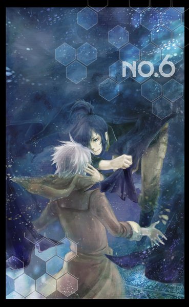 Anime picture 1200x1946 with no.6 studio bones nezumi (no.6) shion (no.6) hiro (hrskfrsk) tall image fringe short hair purple hair white hair tail grey hair from behind hair over one eye inscription border shounen ai boy scarf coat
