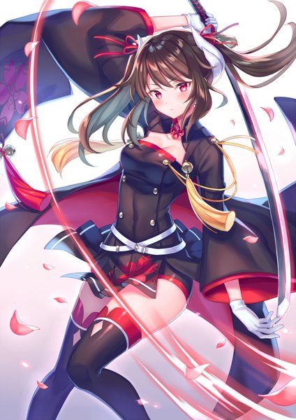 Anime picture 1415x2000 with azur lane haruna (azur lane) zoff (daria) single long hair tall image looking at viewer blush fringe breasts simple background hair between eyes red eyes brown hair standing white background twintails payot cleavage bent knee (knees)