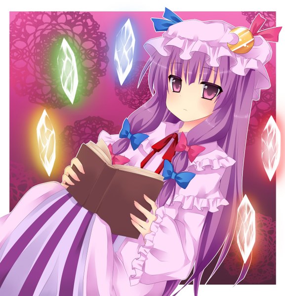 Anime picture 1300x1350 with touhou patchouli knowledge yami nabe (artist) single long hair tall image purple hair pink eyes border girl dress book (books) bonnet crystal