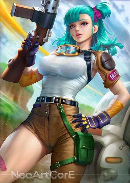 Anime-Bild 800x1132 mit dragon ball bulma nudtawut thongmai single long hair tall image looking at viewer fringe open mouth blue eyes standing holding signed sky cloud (clouds) outdoors blunt bangs lips realistic aqua hair