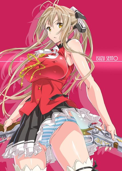 Anime picture 800x1125 with amagi brilliant park kyoto animation sento isuzu suzutsuki kurara single long hair tall image looking at viewer breasts open mouth light erotic simple background brown hair large breasts yellow eyes ahoge ponytail from below pantyshot character names