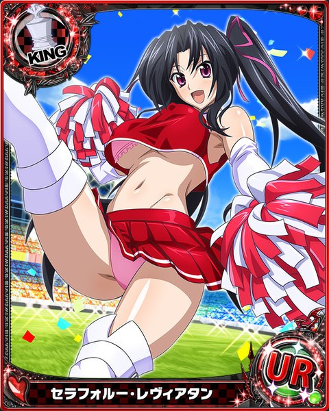 Anime picture 640x800 with highschool dxd serafall leviathan single long hair tall image looking at viewer breasts light erotic black hair purple eyes twintails card (medium) cheerleader girl thighhighs skirt navel underwear panties ribbon (ribbons)
