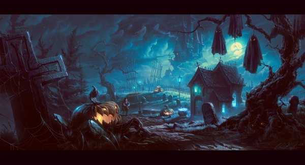 Anime picture 3500x1899 with original unidcolor highres wide image sky cloud (clouds) night halloween boy plant (plants) tree (trees) building (buildings) moon cross house castle cemetery