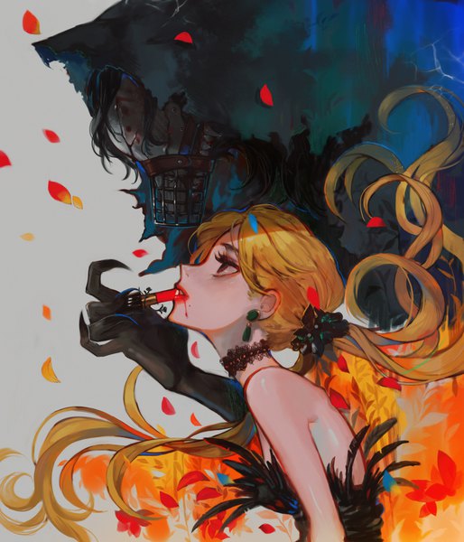 Anime picture 3000x3500 with original dekooop long hair tall image highres blonde hair twintails upper body profile mole sleeveless lipstick looking up red lipstick mole under mouth girl earrings petals choker monster