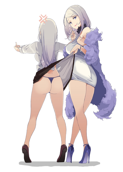 Anime picture 800x1119 with original mikoto akemi long hair tall image looking at viewer blush fringe breasts light erotic simple background standing white background purple eyes multiple girls holding payot silver hair full body ass long sleeves
