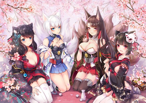 Anime picture 1754x1240 with azur lane akagi (azur lane) kaga (azur lane) yamashiro (azur lane) fusou (azur lane) death-the-cat long hair looking at viewer blush highres short hair breasts open mouth blue eyes light erotic black hair red eyes brown hair large breasts sitting