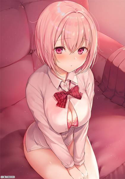 Anime picture 843x1200 with melonbooks komeshiro kasu single tall image looking at viewer fringe short hair breasts light erotic hair between eyes large breasts sitting pink hair cleavage indoors pink eyes from above center opening bob cut :<