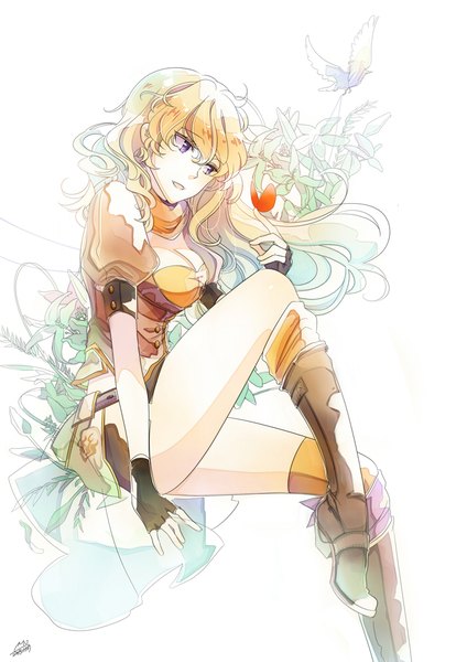 Anime picture 700x990 with rwby rooster teeth yang xiao long ricemo single long hair tall image open mouth simple background blonde hair smile white background sitting purple eyes signed looking away bent knee (knees) head tilt multicolored hair gradient hair