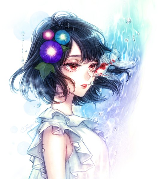 Anime picture 1020x1150 with original ohagi (ymnky) single tall image fringe short hair black hair red eyes white background looking away upper body blunt bangs parted lips hair flower lipstick portrait underwater red lipstick girl flower (flowers)