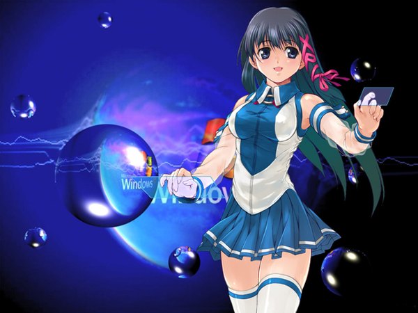Anime-Bild 1280x960 mit os-tan xp-tan (saseko) bare shoulders armpit (armpits) personification thighhighs detached sleeves miniskirt white thighhighs