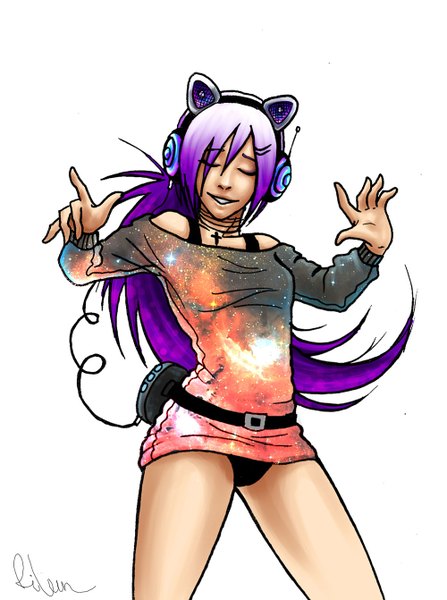 Anime picture 1000x1342 with original rilun (artist) single long hair tall image light erotic simple background smile white background signed animal ears purple hair ponytail eyes closed cat ears spread arms space girl underwear panties