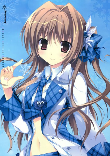 Anime picture 4963x7000 with original karory long hair tall image looking at viewer blush highres smile red eyes brown hair absurdres scan calendar 2014 girl navel bow hair bow necktie snowflake (snowflakes) calendar