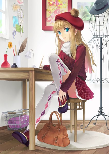 Anime picture 849x1200 with original degrees celsius single long hair tall image fringe blue eyes blonde hair smile sitting holding looking away bent knee (knees) indoors high heels plaid skirt plaid girl thighhighs skirt