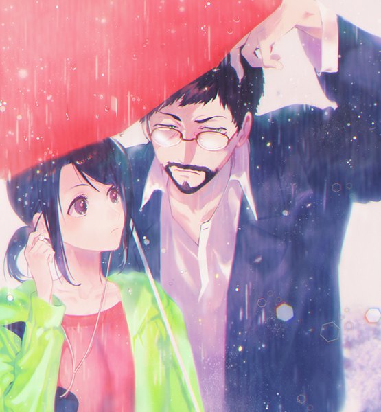 Anime picture 800x865 with b: the beginning production i.g hoshina lily keith kazama flick yaku (ziroken) tall image short hair black hair green eyes payot looking away ponytail arm up black eyes rain open collar shared umbrella girl boy glasses