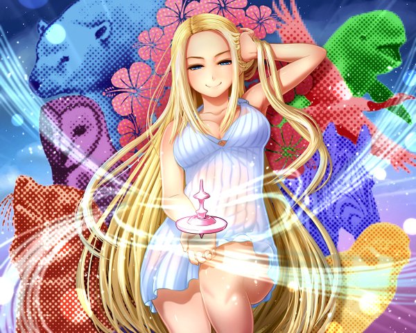 Anime picture 1250x1000 with original zenzaio72 single breasts blue eyes light erotic blonde hair smile very long hair girl animal bird (birds) sundress bear owl dolphin zebra