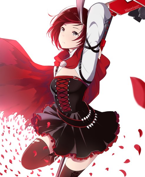 Anime picture 2300x2800 with rwby rooster teeth ruby rose sunnypoppy single tall image highres short hair simple background white background signed red hair wind text looking up silver eyes girl thighhighs dress black thighhighs