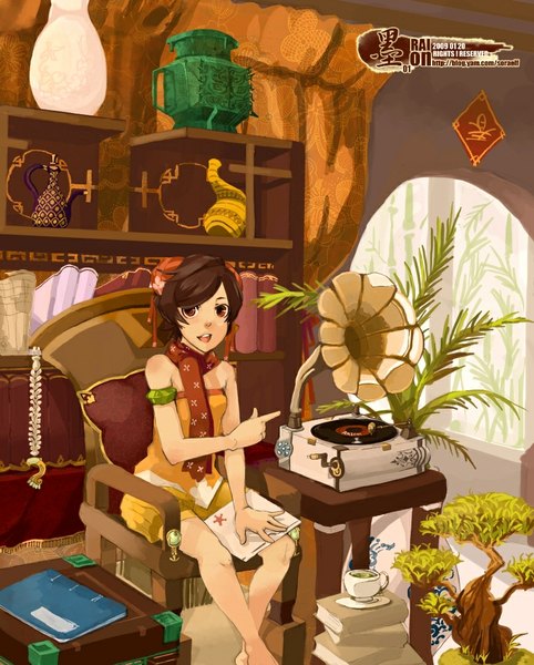 Anime picture 870x1082 with original raionart single tall image looking at viewer short hair open mouth black hair sitting brown eyes girl plant (plants) room phonograph gramophone record