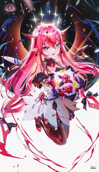 Anime picture 2825x4904 with virtual youtuber hololive hololive english irys (hololive) sena 8ito single long hair tall image fringe highres open mouth hair between eyes looking away pink hair :d horn (horns) pointy ears sparkle heterochromia jumping