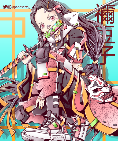 Anime picture 1260x1500 with kimetsu no yaiba ufotable kamado nezuko panos (ssgpanos) single long hair tall image looking at viewer black hair twintails signed nail polish pink eyes alternate costume copyright name character names twitter username low twintails bandaid on face aqua background
