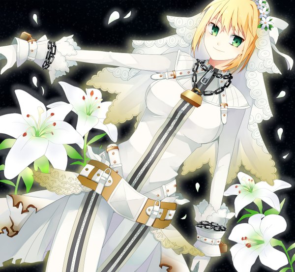 Anime picture 1300x1200 with fate (series) fate/extra type-moon nero claudius (fate) (all) nero claudius (bride) (fate) mmm ss single short hair blonde hair green eyes girl dress gloves flower (flowers) petals chain wedding dress lock