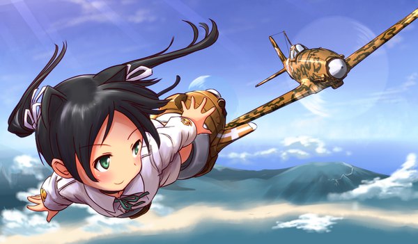 Anime picture 1280x750 with strike witches francesca lucchini a9b (louis814) single long hair blush black hair wide image twintails green eyes animal ears looking away sky cloud (clouds) tail animal tail looking back light smile sunlight cat ears