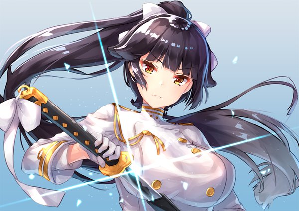 Anime-Bild 819x579 mit azur lane takao (azur lane) pensuke single long hair looking at viewer blush fringe breasts light erotic black hair simple background large breasts standing holding brown eyes upper body ponytail sparkle gradient background