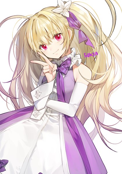Anime picture 700x1000 with original sorolp single long hair tall image looking at viewer blush fringe simple background blonde hair hair between eyes red eyes standing white background bare shoulders signed ahoge head tilt light smile two side up