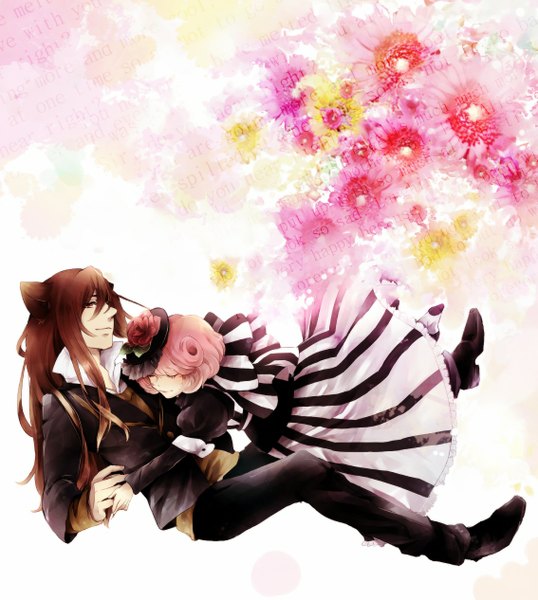 Anime picture 1133x1265 with are you alice cheshire cat (are you alice) duchess (are you alice) kooma (artist) long hair tall image short hair smile brown hair brown eyes yellow eyes pink hair eyes closed couple hug striped weightlessness falling girl dress