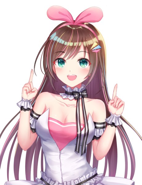 Anime picture 999x1300 with virtual youtuber a.i. channel kizuna ai kizuna ai (anniversary) seungju lee single long hair tall image looking at viewer blush fringe breasts open mouth simple background smile brown hair standing white background bare shoulders cleavage
