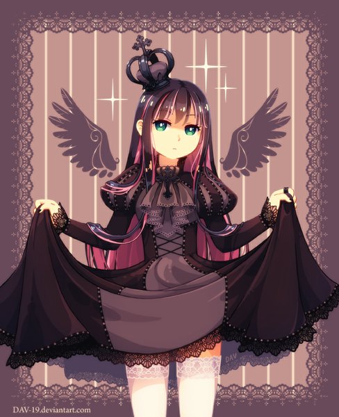 Anime picture 732x900 with panty & stocking with garterbelt anarchy stocking dav-19 single long hair tall image looking at viewer fringe black hair green eyes signed pink hair multicolored hair two-tone hair puffy sleeves dark background colored inner hair framed black wings girl