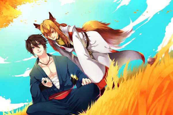 Anime picture 1700x1133 with original pluehunter long hair short hair open mouth blue eyes brown hair sitting animal ears yellow eyes sky cloud (clouds) traditional clothes japanese clothes animal tail orange hair couple fox ears fox tail girl