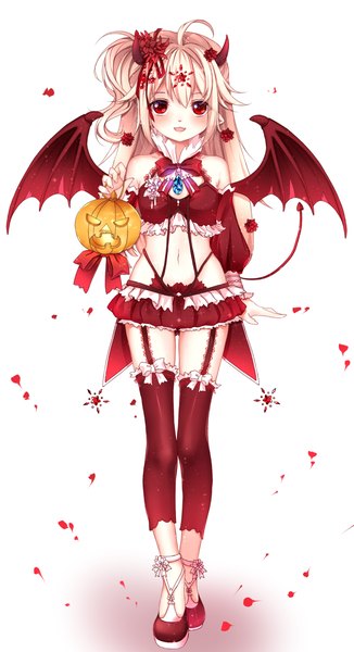 Anime picture 700x1288 with original aque shen lei single long hair tall image blush open mouth red eyes white background bare shoulders white hair horn (horns) halloween girl skirt detached sleeves miniskirt wings jack-o'-lantern