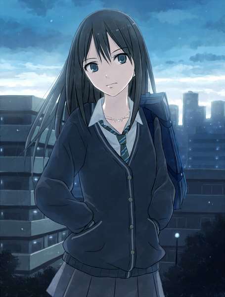 Anime picture 640x844 with idolmaster idolmaster cinderella girls shibuya rin yakka single long hair tall image looking at viewer fringe blue eyes black hair standing sky cloud (clouds) pleated skirt night night sky city cityscape open collar