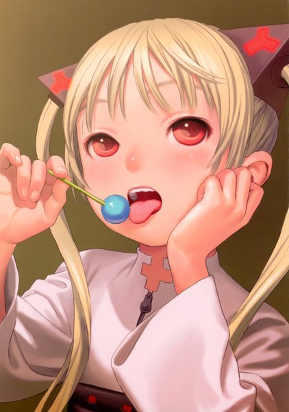 Anime picture 2458x3495 with shangri-la ishida karin range murata single long hair tall image blush highres open mouth blonde hair simple background red eyes twintails long sleeves scan girl tongue candy lollipop