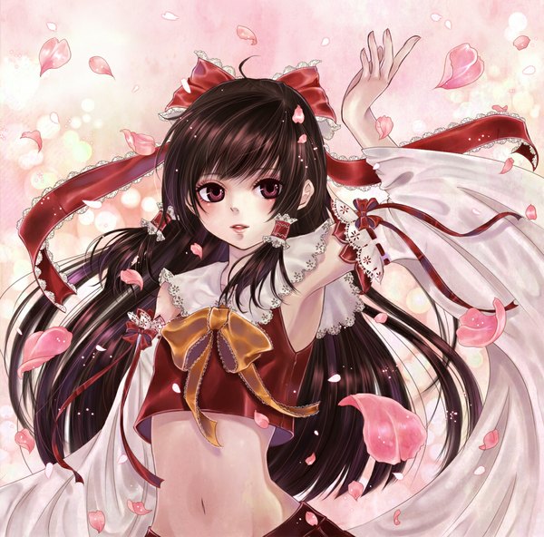 Anime picture 1100x1087 with touhou hakurei reimu akari1205 single long hair black hair red eyes midriff girl navel bow hair bow detached sleeves petals