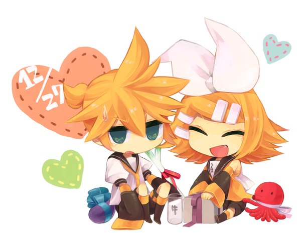 Anime picture 2843x2359 with vocaloid kagamine rin kagamine len haruka (fizz) blush highres short hair open mouth blonde hair smile white background sitting eyes closed aqua eyes teeth fang (fangs) couple chibi twins brother and sister