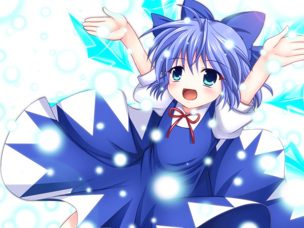 Anime picture 1600x1200 with touhou cirno asazuki kanai single looking at viewer blush short hair open mouth blue eyes blue hair girl dress bow hair bow wings