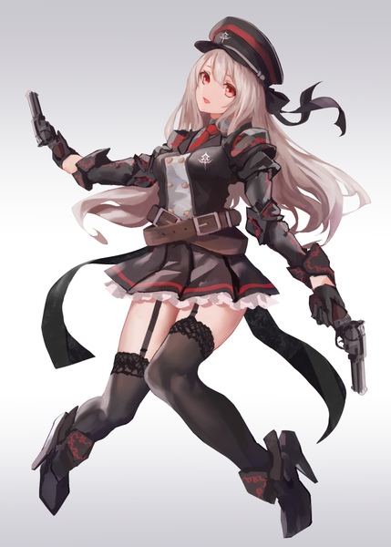 Anime picture 800x1119 with original cancell single long hair tall image looking at viewer fringe breasts open mouth simple background hair between eyes red eyes white background holding full body bent knee (knees) head tilt pleated skirt grey hair high heels