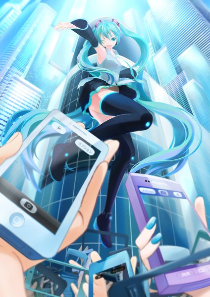 Anime picture 1157x1637 with vocaloid hatsune miku sarami-san tall image looking at viewer fringe open mouth light erotic smile twintails full body outdoors very long hair nail polish pleated skirt one eye closed aqua eyes fingernails wink aqua hair