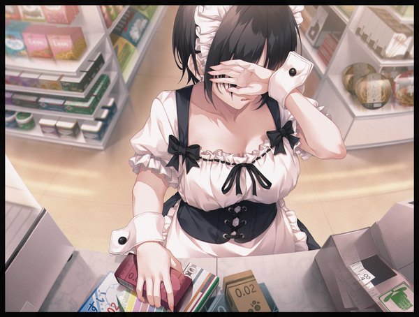 Anime picture 4100x3100 with original hasumi (hasubatake39) single fringe highres short hair breasts open mouth black hair standing absurdres indoors arm up from above short sleeves maid border covering covering face shopping