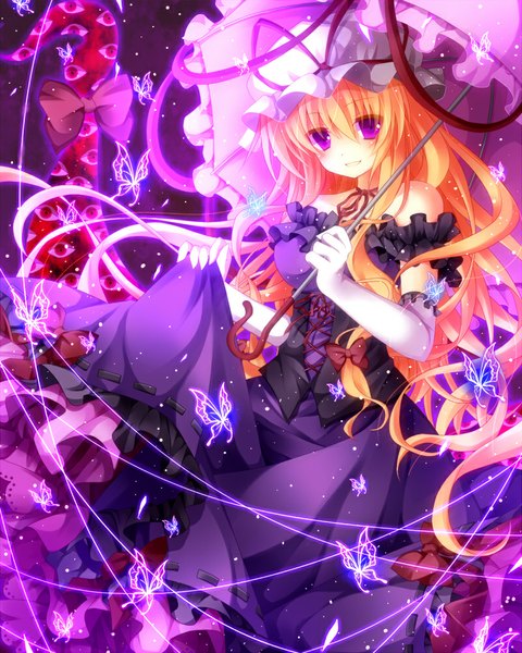 Anime picture 800x1000 with touhou yakumo yukari mog (artist) single long hair tall image looking at viewer blush blonde hair smile purple eyes girl dress gloves bow elbow gloves frills insect butterfly umbrella