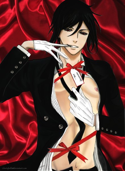 Anime picture 1408x1920 with kuroshitsuji a-1 pictures sebastian michaelis single tall image looking at viewer short hair black hair red eyes open clothes open shirt butler boy gloves necktie