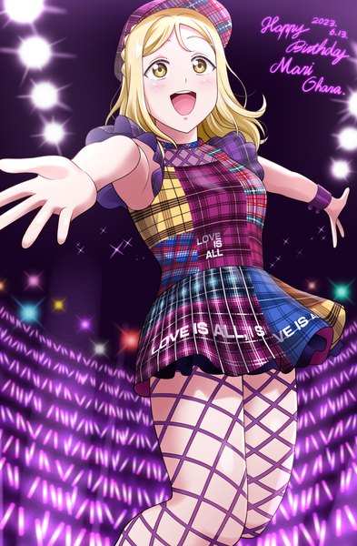 Anime picture 1625x2480 with love live! sunshine!! sunrise (studio) love live! ohara mari raina (14758801) single tall image blush short hair open mouth blonde hair smile standing yellow eyes looking away :d armpit (armpits) character names dated spread arms