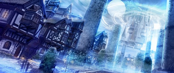 Anime picture 1075x450 with original zonmin wide image sky cloud (clouds) magic no people street building (buildings) lantern house castle pillar magic circle lamppost column roof