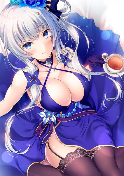 Anime picture 766x1081 with azur lane illustrious (azur lane) illustrious (never-ending tea party) (azur lane) wagashi (user efep7488) single long hair tall image looking at viewer blush fringe breasts blue eyes light erotic hair between eyes large breasts sitting twintails holding cleavage silver hair